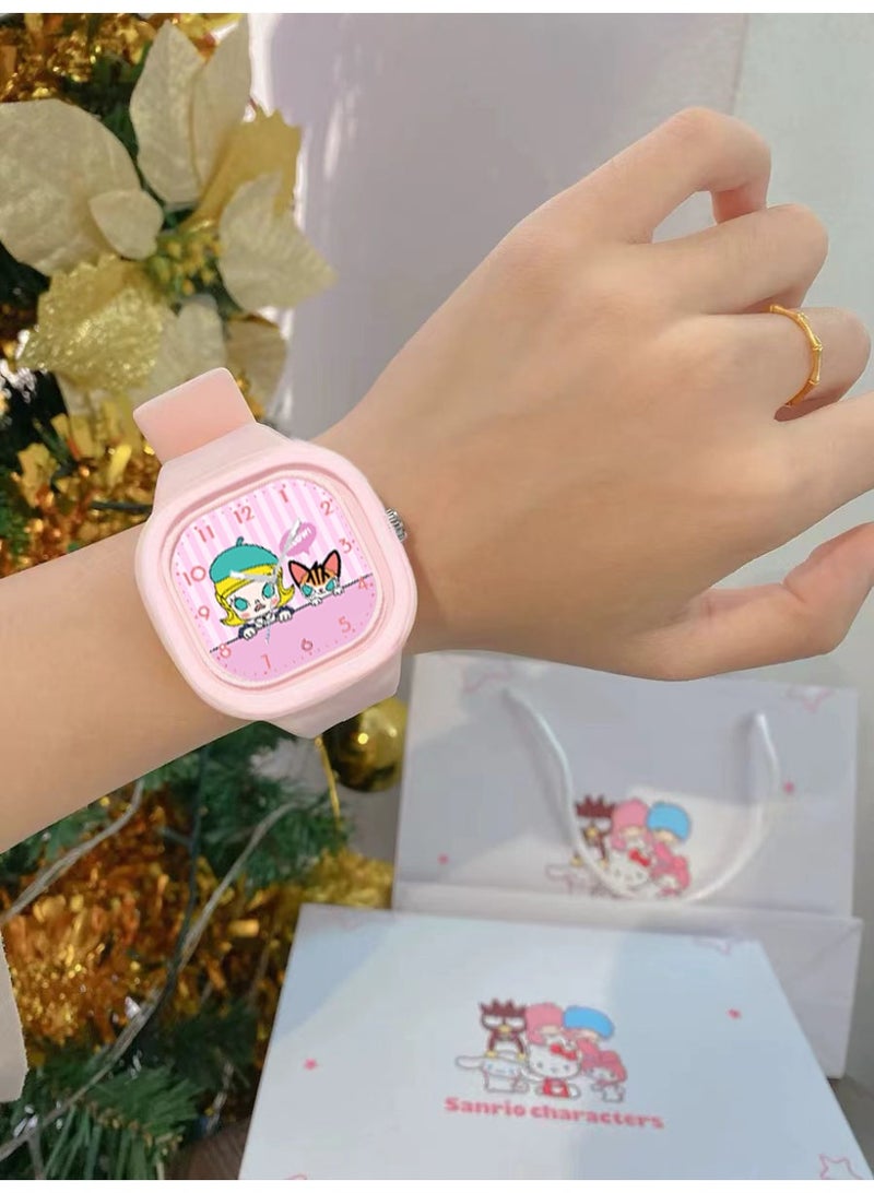 Pink square cartoon pop mart pattern children's watch silicone strap suitable for children of all ages gift watch - Image 3